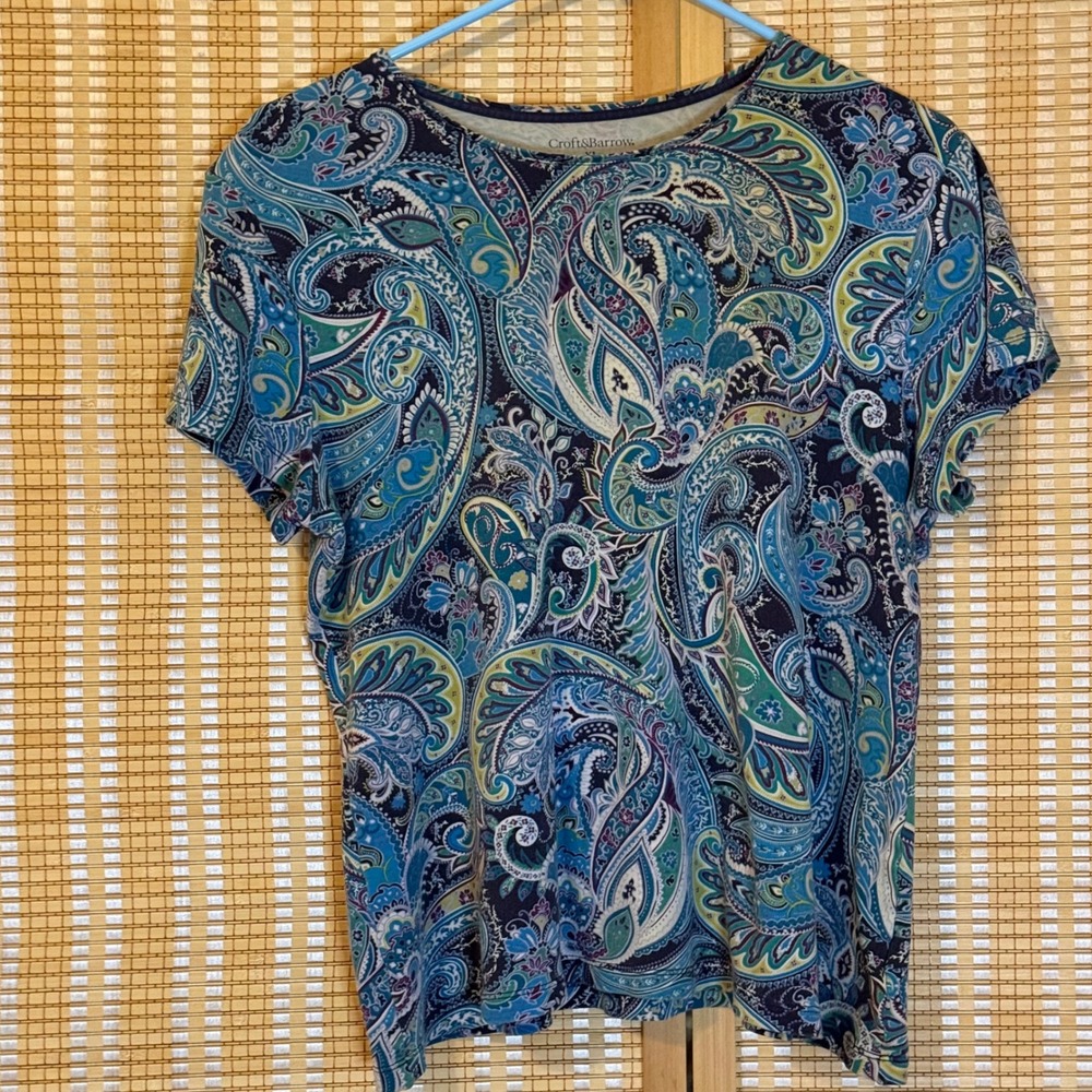 Croft & Barrow Womens XL Blue Paisley Cotton Short Sleeve Crewneck Tee Shirt